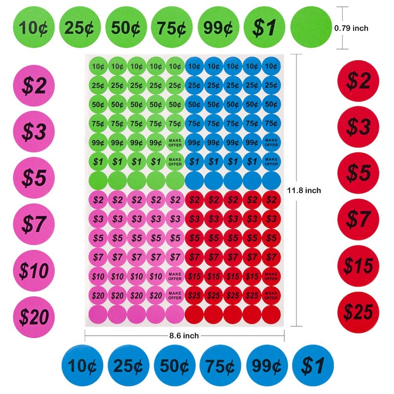 Ovenot Anronal 2520 Count Garage Sale Pricing Stickers Removable Yard Sale Labels with Prices, 3/4" Round Preprinted Pricing Labels Price Stickers (Multi-Colored) - Image 4